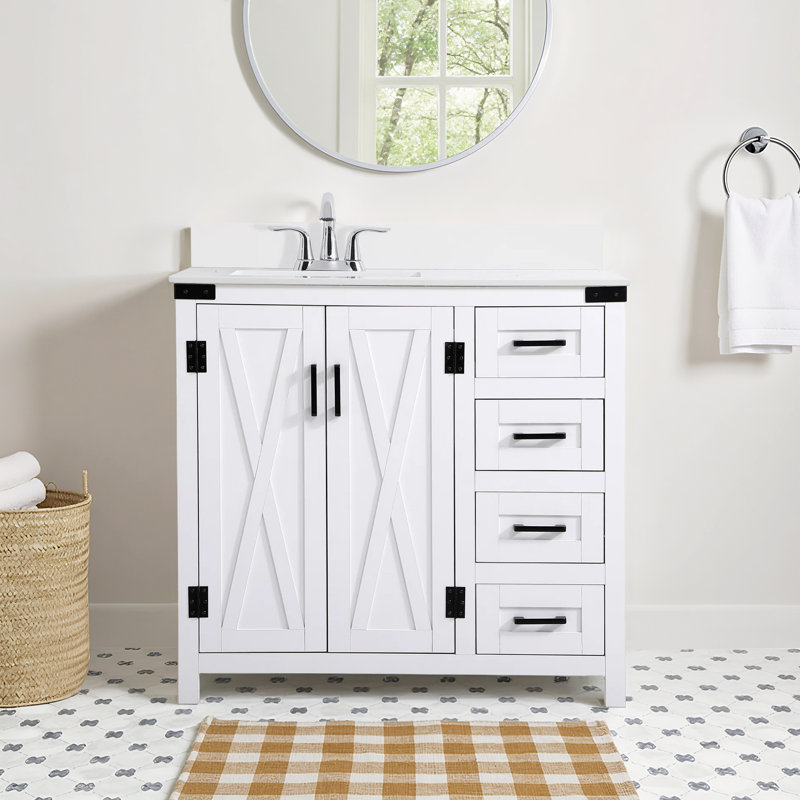 Slayton 36'' Single Bathroom Vanity with Engineered Marble Top, White