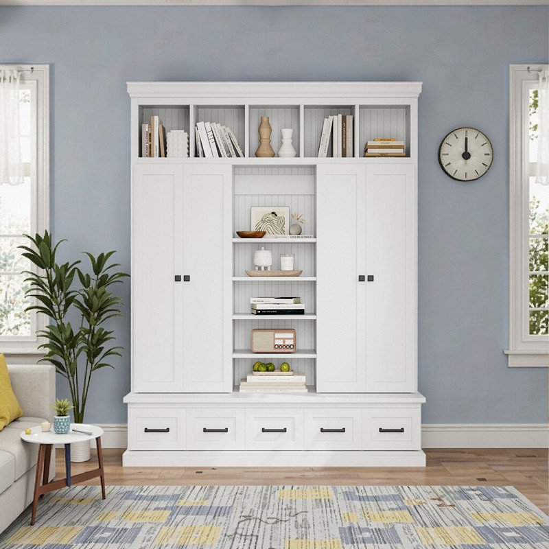 Arbre d'entrée 78,7 po en MDF avec banc, 5 tiroirs, 4 portes et tablettes réglables pour le rangement du vestibule, Blanc