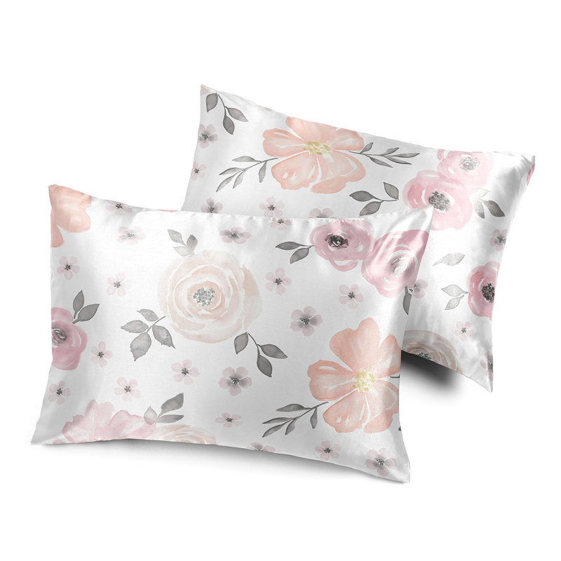 Pink and Grey Floral Satin Standard Pillowcases for Kids