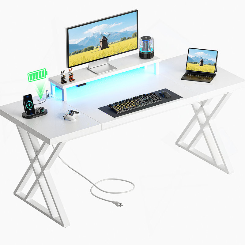 Bureau d'ordinateur avec station de charge USB, bande lumineuse à DEL, Blanc