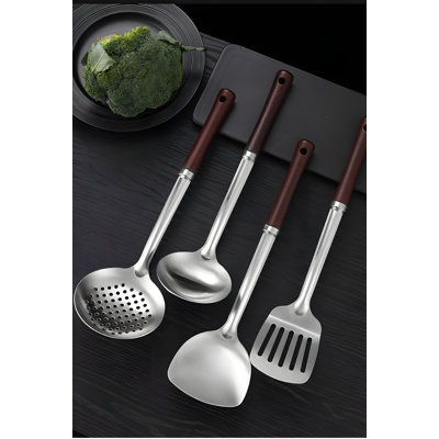 Ensemble d'ustensiles en acier inoxydable avec poignées en bois d'ébène - Ensemble complet d'ustensiles de cuisine comprenant une spatule, une cuillère, une cuillère rainurée, et plus encore