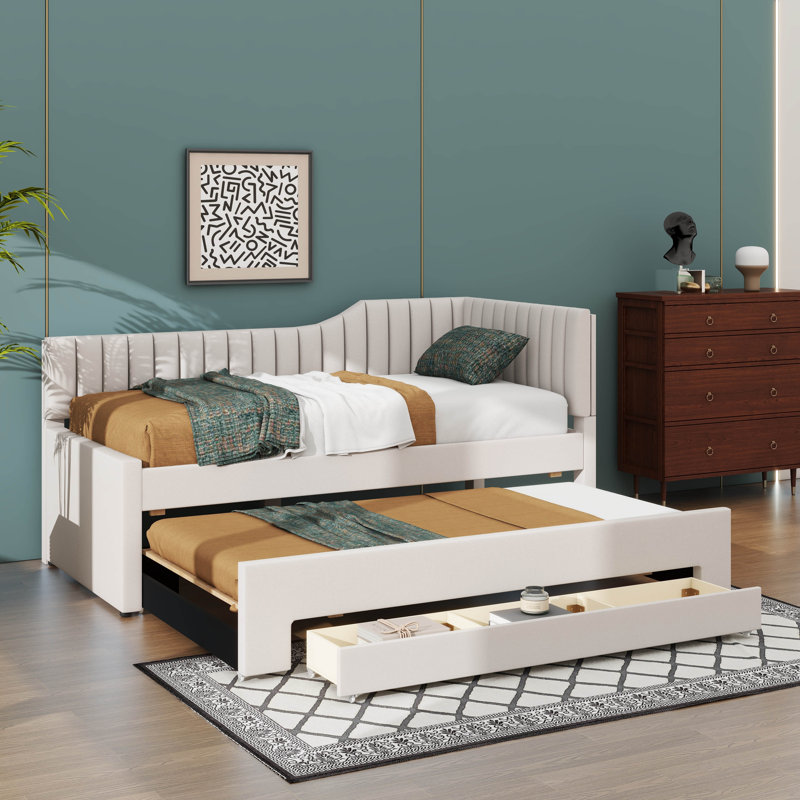 Lit de jour rembourré avec couchette intégrée et trois tiroirs spacieux, Beige, Simple