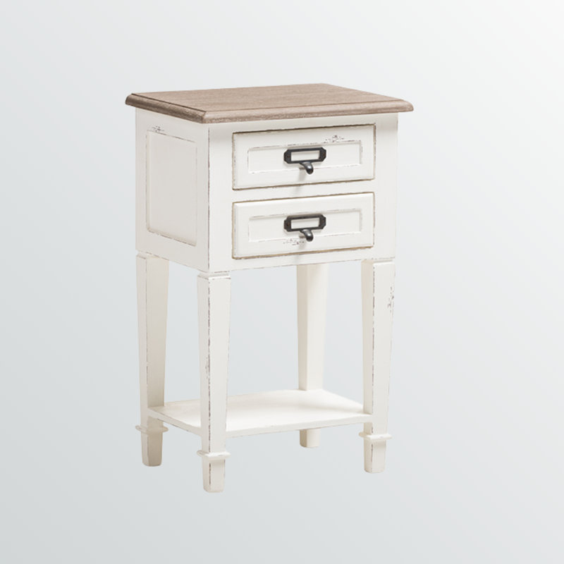 Table de chevet 2 tiroirs Flora, chêne vieilli et blanc délavé H 25,34 po x l 15,46 po x P 11,51 po
