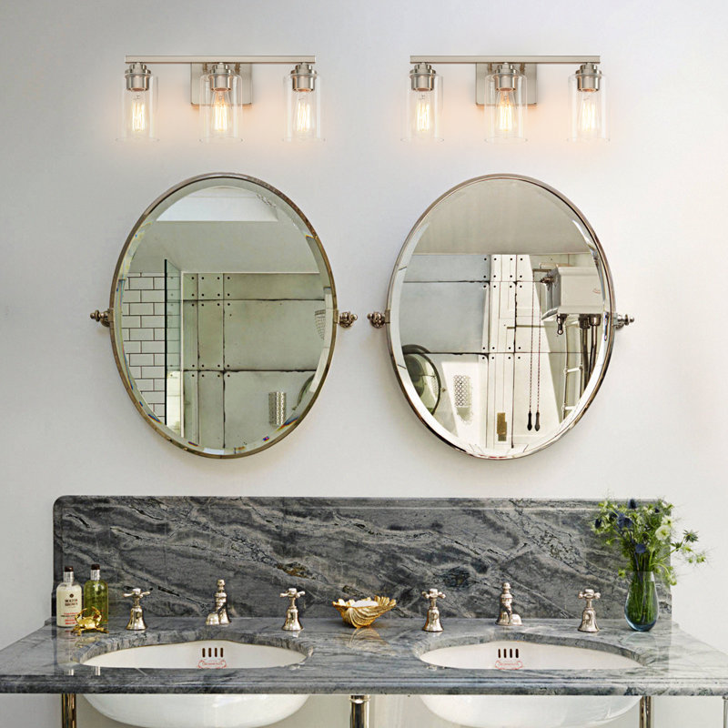 Luminaire de salle de bain 19,29 po à 3 lumières à intensité variable en nickel brossé avec abat-jour en verre transparent