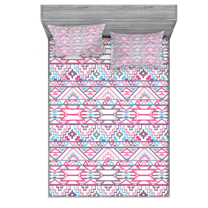 Microfiber Sheet Set, Queen Sheet Set with Fitted Sheet, Pink/Brown/Blue, Ikat