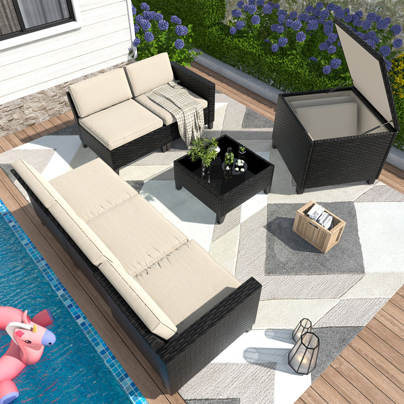 6/7-Piece Patio Furniture Set, Modular Sectional Sofa With Armchair/Storage Box, All-Weather Outdoor Couch With Cushions & Pillows And Coffee Table For Backyard, Deck