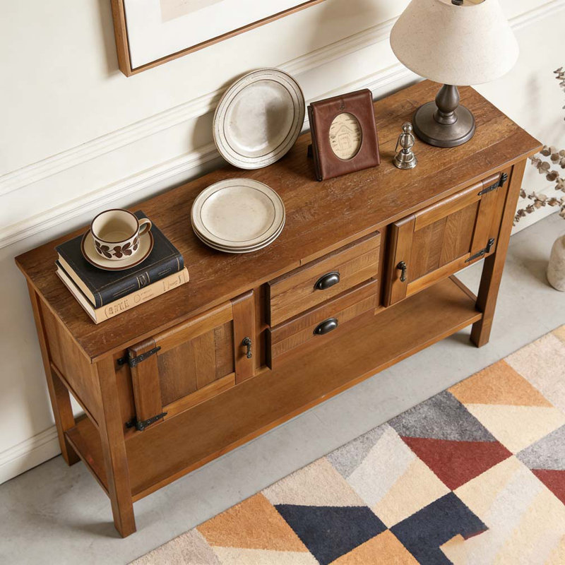 46'' Solid Wood Sideboard Console Table with 2 Drawers and Cabinets and Bottom Shelf, Brown