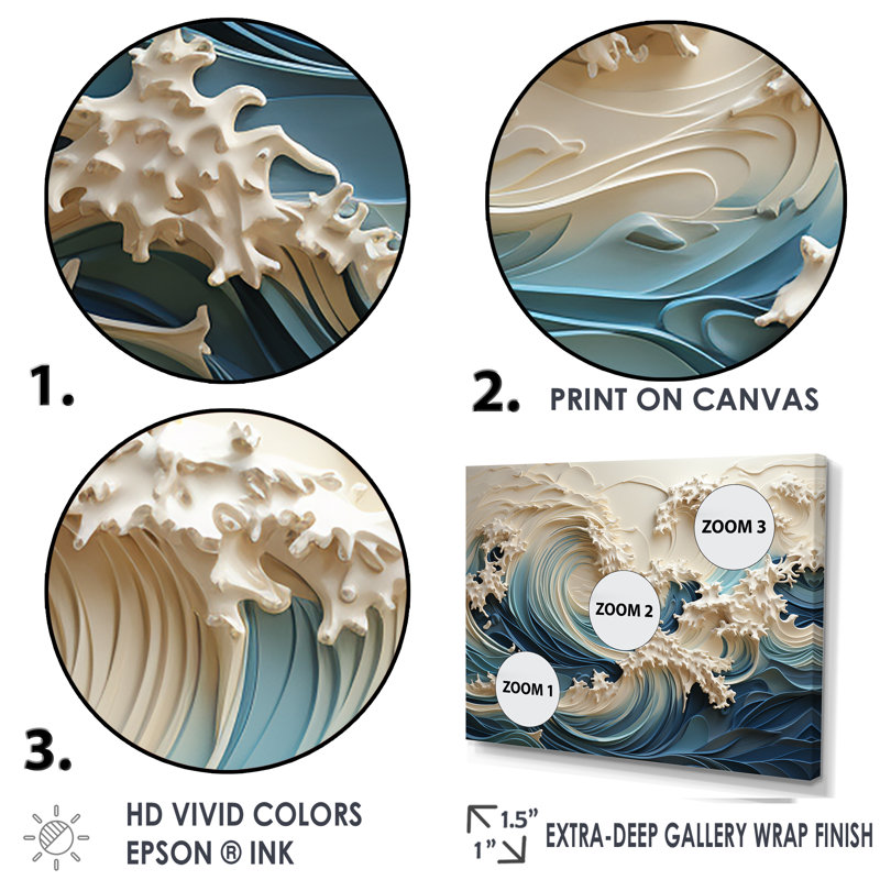 «White and Blue Wave Papercut Style III - Coastal Waves», reproduction d'art sur toile Wave (sans textures), Toile tendue