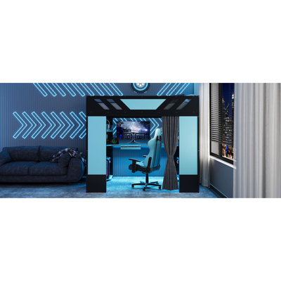 Lit mezzanine en bois peu encombrant, lumières et tablettes RVB modernes, idéal pour les petites maisons