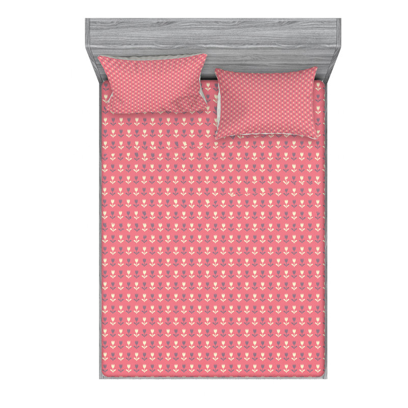 Microfiber Gingham Sheet Set, Full/Double Sheet Set with Fitted Sheet, Tulip Flowers