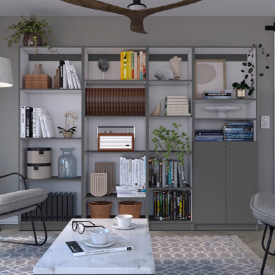 Ensemble de bibliothèque 4 pièces, 91 po de large avec 17 tablettes et une armoire à deux portes, ensemble de salon gris mat / blanc