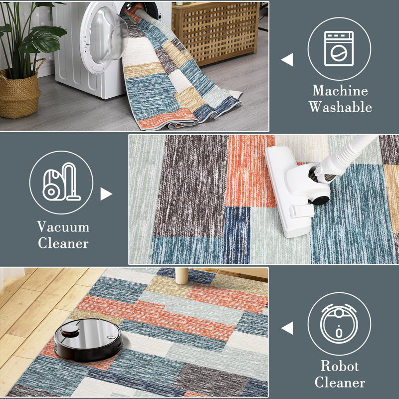 Washable Area Rugs 2x6 Modern Geometric Runner Rugs with Non-Slip Backing, Stain-Resistant Low Pile Throw Rug, Contemporary Accent Carpet for Hallway, Entryway, Multi Color
