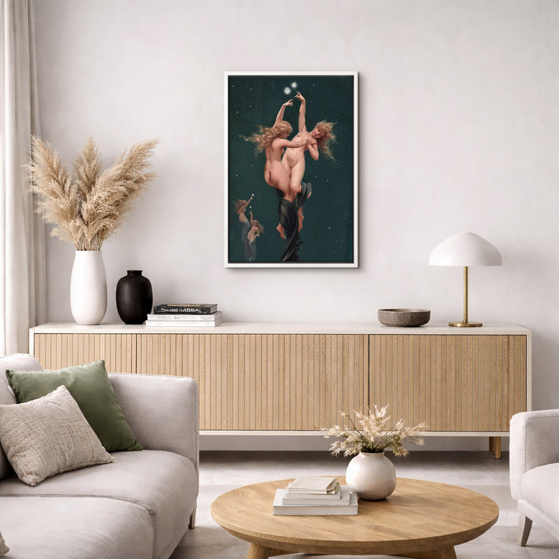 Illustration d'un duo d'anges célestes, images de ciel étoilé romantique, impression sur toile encadrée, Cadre flottant blanc
