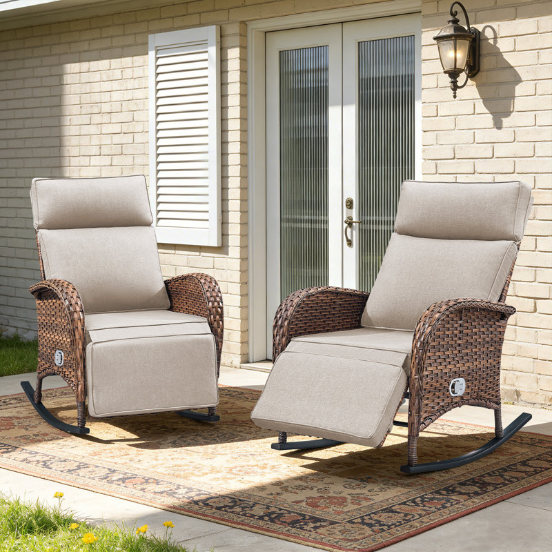 Arcturus Patio Recliner Rocking Chair With Adjustable Backrest & Footrest, All-Weather Outdoor Chaise Lounge Chair, Beige, 2