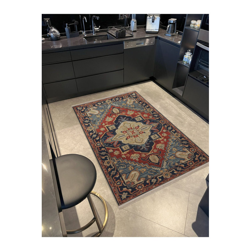 Tapis décoratif rétro traditionnel bleu et rouge lavable à la machine, Sous-tapis rectangulaire 2 pi 6 po x 4 pi 11 po