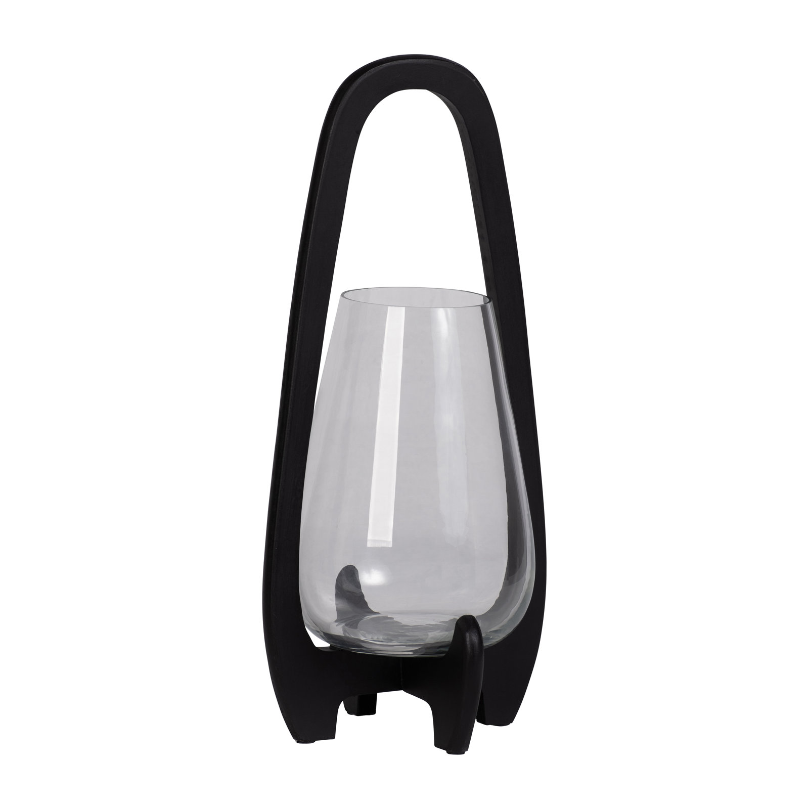 Sculpted Wood Glass Hurricane Lantern, For Decorative Use, Mango Wood and Glass, 18" H x 8" W x 8" D, Black