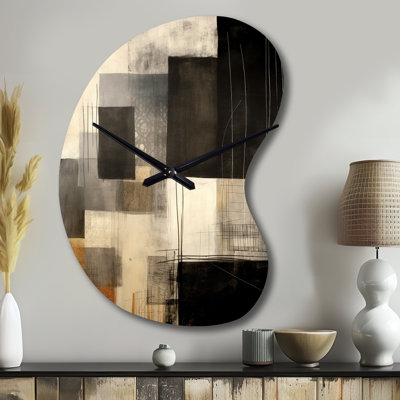 Black Mid Century Fusion II - Midcentury Modern Asymmetrical Metal Wall Clock, Beige Unique Shape Metal Clock Print