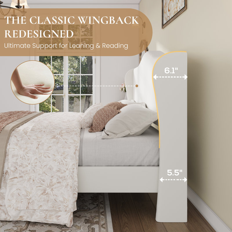 Velvet Crown Wingback Upholstered Bed With Headboard, Full/Queen/King,No Box Spring Needed, White, Queen