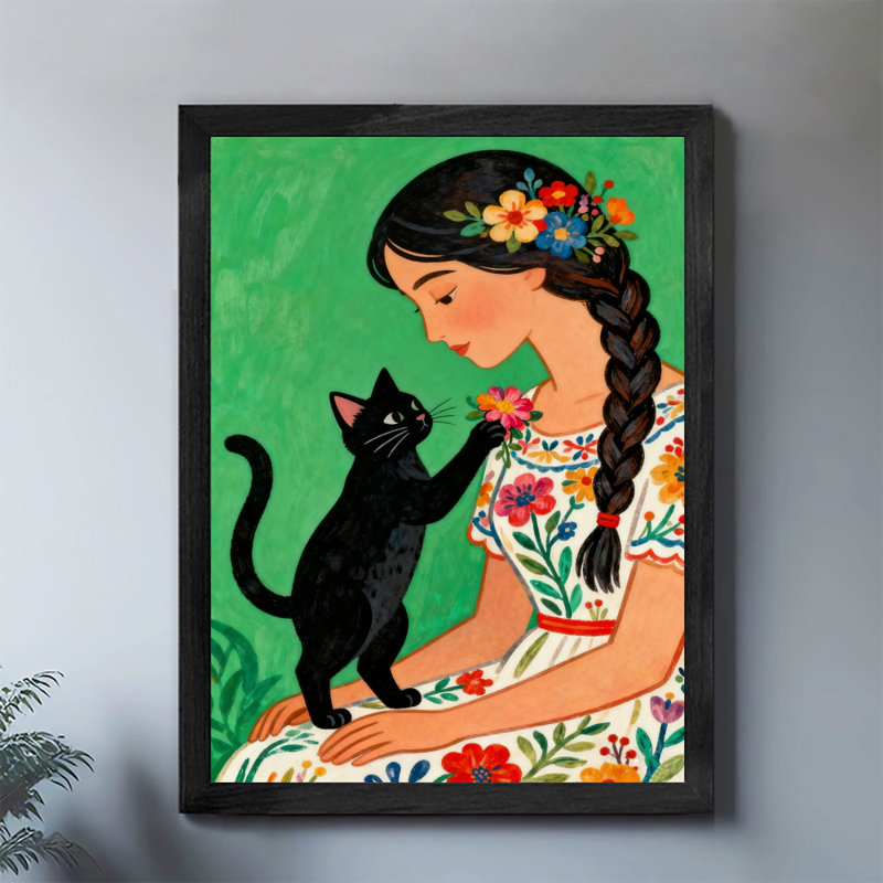 Art rétro encadré noir, "Fille jouant avec un chat", impressions de style rétro, H 11 po x l 9 po