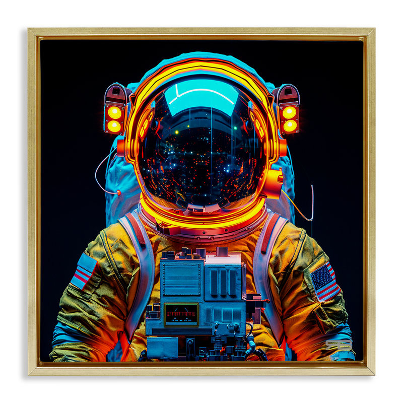 Astronaute avec casque réfléchissant, art mural encadré flottant gris par RB, Cadre flottant métallique doré