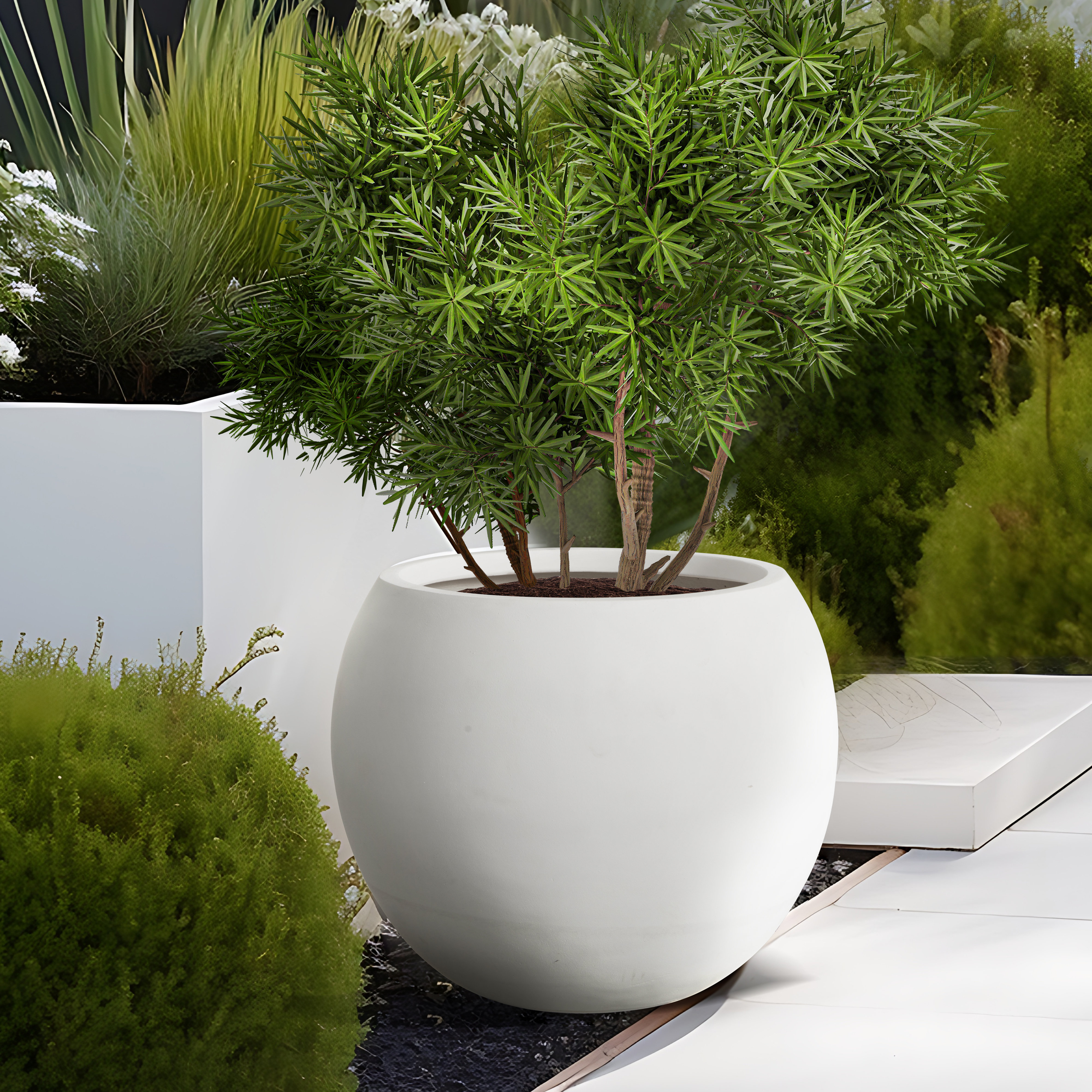 Modern Style Outdoor Planters For Porch, Round Planter With Drainage Hole, Mgo Flower Pots, Balcony Large Pot Planters, White EROMMY
