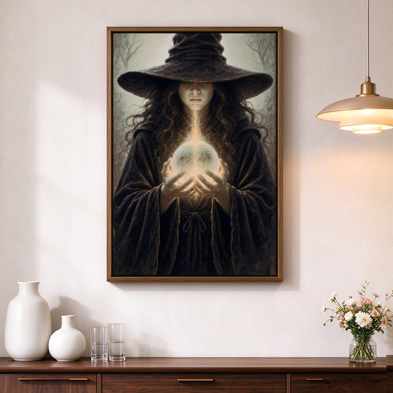 Sorcière d'Halloween lançant un sort lumineux, tableau sur toile encadré, cadre brun, 50 x 75 cm, H 30 po x l 20 po, Brun