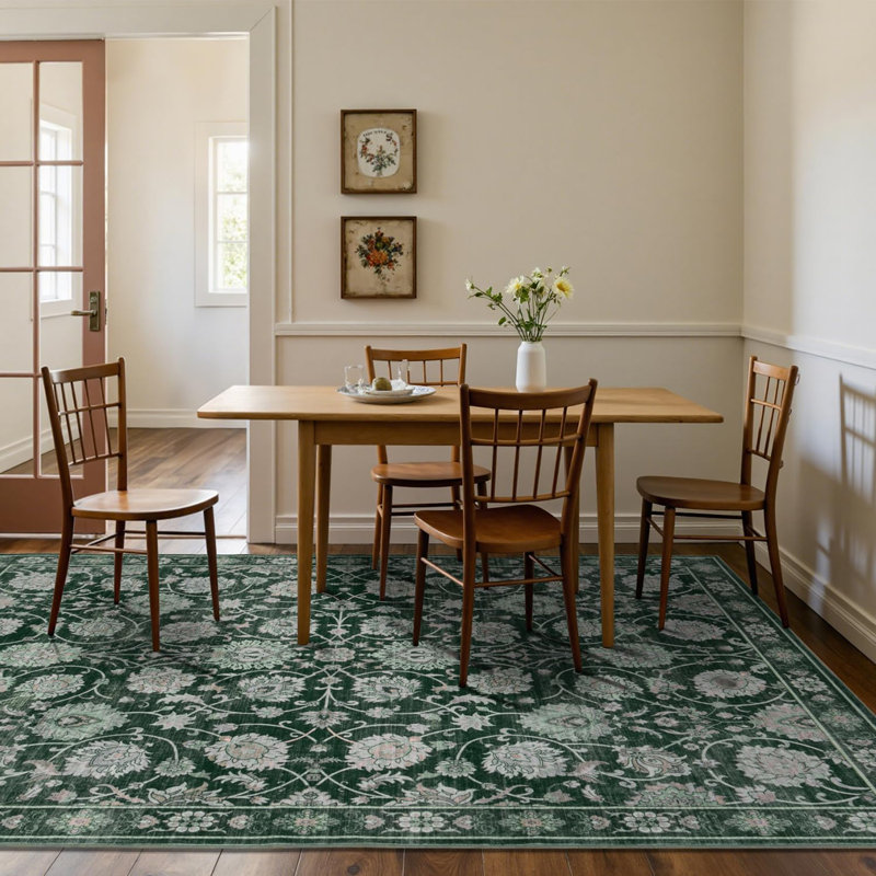 9'X12' Vintage Floral Washable Area Rugs Non Slip Low Pile Green, Rectangle 9' x 12'