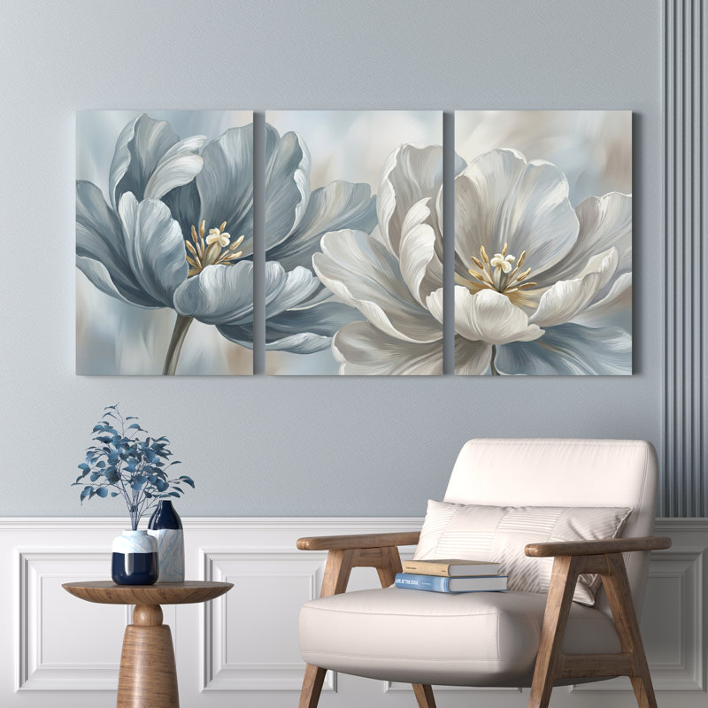 Ensemble de 3 tableaux muraux sur toile à motifs floraux bleus et blancs, pour la décoration du salon et de la chambre.