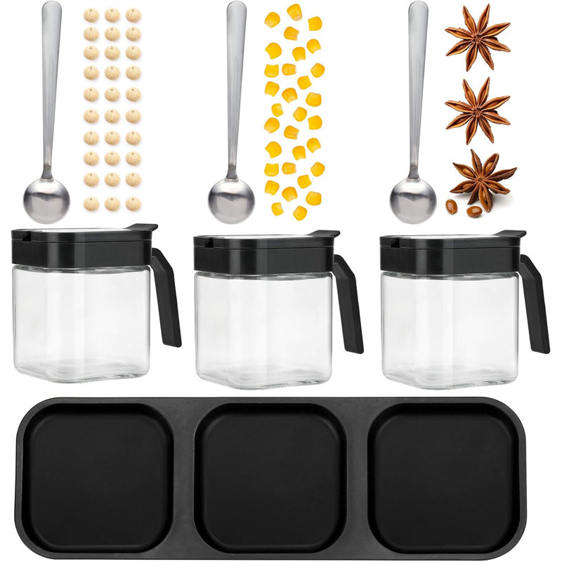 Condiment Jar Spice Container With Lids And Spoons,Clear Glass Condiment Canisters Pots Seasoning Box Salt Container Sugar Bowl Set Of 3 For Kitchen, Counter, Food Storage, Black