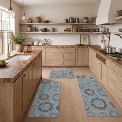 Blue Floral Non-Slip Washable Kitchen Mats