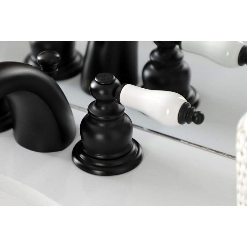 Kingston Brass Victorian Two-Handle 3-Hole Deck Mount Mini-Widespread Bathroom Faucet with Plastic Pop-Up, Matte Black