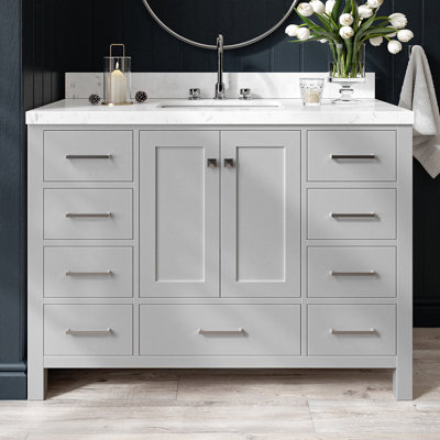 Cambridge 48'' Solid Wood Single Bathroom Vanity in Grey, with 1.5'' Carrara White Quartz Top, Center, Rectangle Sink