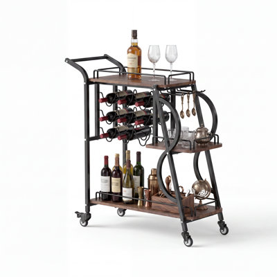 Bar Cart Wine Rack & Glass Holder, Steel & Wood Rolling Serving Trolley for Home Bar & Kitchen, 290 LBS Capacity, Black