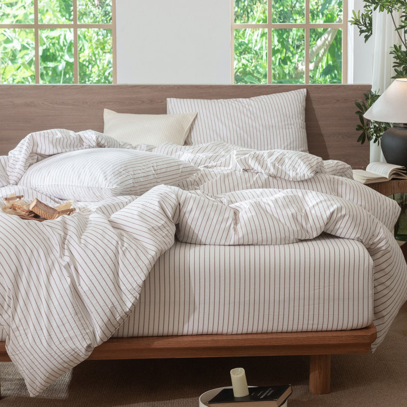 MooMee Striped Duvet Cover Set 100% Washed Cotton Linen Like Textured, King Duvet Cover + 2 King Pillowcases