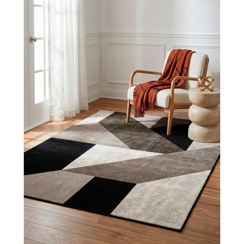 Kiraz Abstract Area Rug in Brown/ White/ Black/ Beige/ Grey, Rectangle 5' x 7'2"