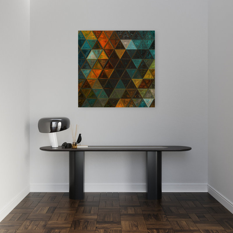 «Earthy Triangles», art mural géométrique coloré abstrait, H 32 po x l 32 po