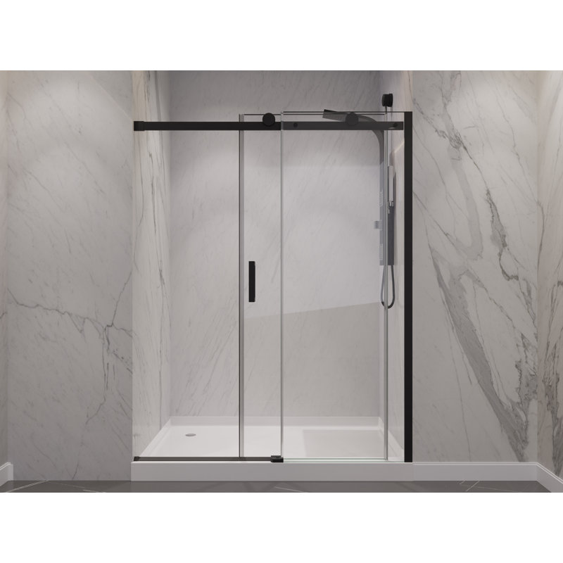 Rhodes Series 50 To 54 In. X 76 In. H Sliding Frameless Shower Door In Matte Black With Tsunami Guard Tempered Glass