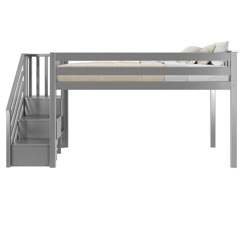 Twin Solid Wood Slat Loft Bed with Staircase, Grey