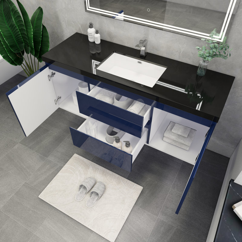 Castin 60" Wall-Mounted Single Bathroom Vanity Set, Glossy Blue