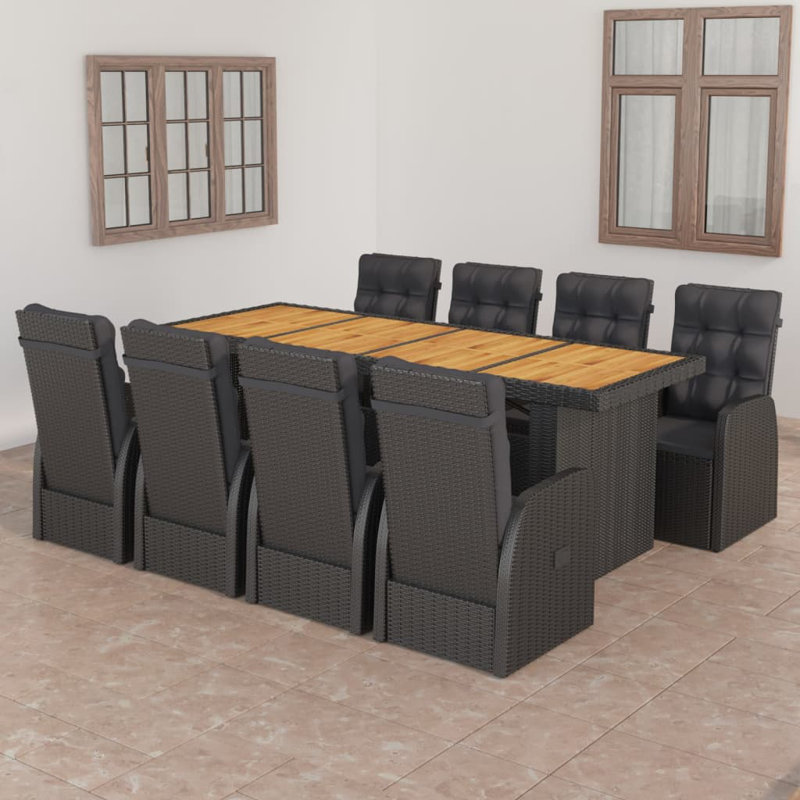 8 - Person Wicker Patio Dining Set with Rectangular Table , Cushions Included, Black