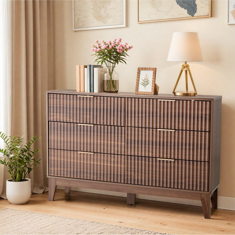 6 - Drawer 47.2" W Double Dresser, Fluted Design Wood Wide Chest, Walnut