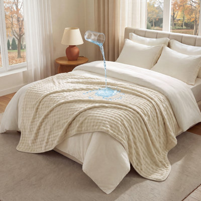 Bedsure Waterproof Reversible Fleece Blanket with Bubble Texture, Three-Layer Protection, Cozy Cover for Pets and Family, Couch and Bed Protector, Beige/White, 90x90 inches