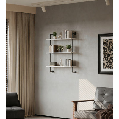 3-Tier Industrial Pipe Floating Shelf - 24 Inch Rustic Wood