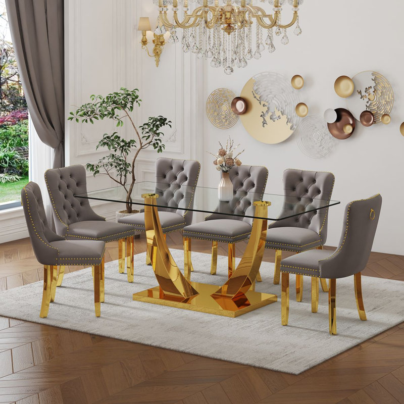 Ensemble de salle à manger 7 pièces en verre trempé avec piètement en métal doré et chaises capitonnées, Gris