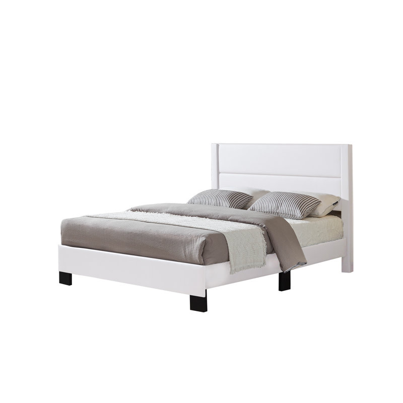 Lit plateforme tapissier avec tête de lit capitonnée horizontale, blanc, grand, Blanc, Grand