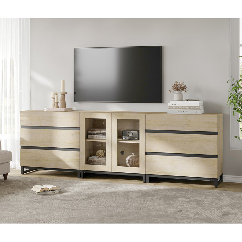 3 In 1 TV Stand For Tvs Up To 100 Inch, Modern TV Console With Glass Doors And 6 Drawers, Entertainment Center With Adjustable Shelf For Living Room, Bedroom