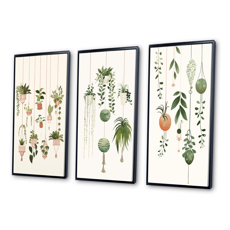 «Botanical Bliss Joyful Hanging Boho Houseplants», 3 pièces sur toile, Cadre flottant noir, H 28 po x l 36 po