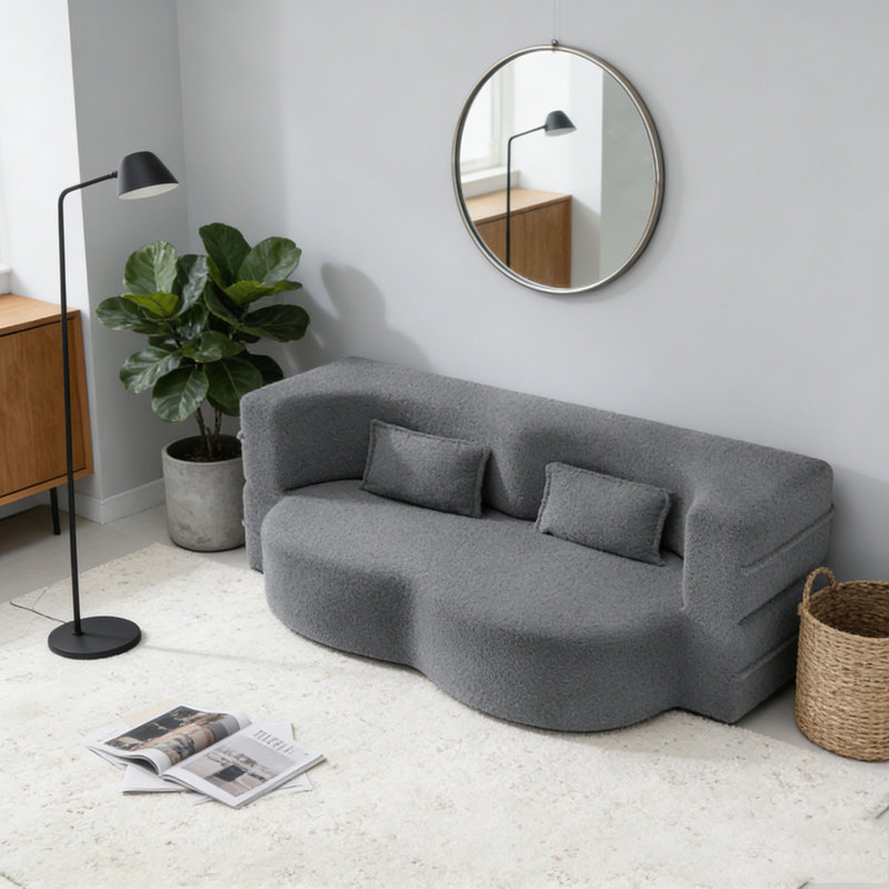 Modern Floor Sofa with 2 Pillows, Teddy, Dark Grey