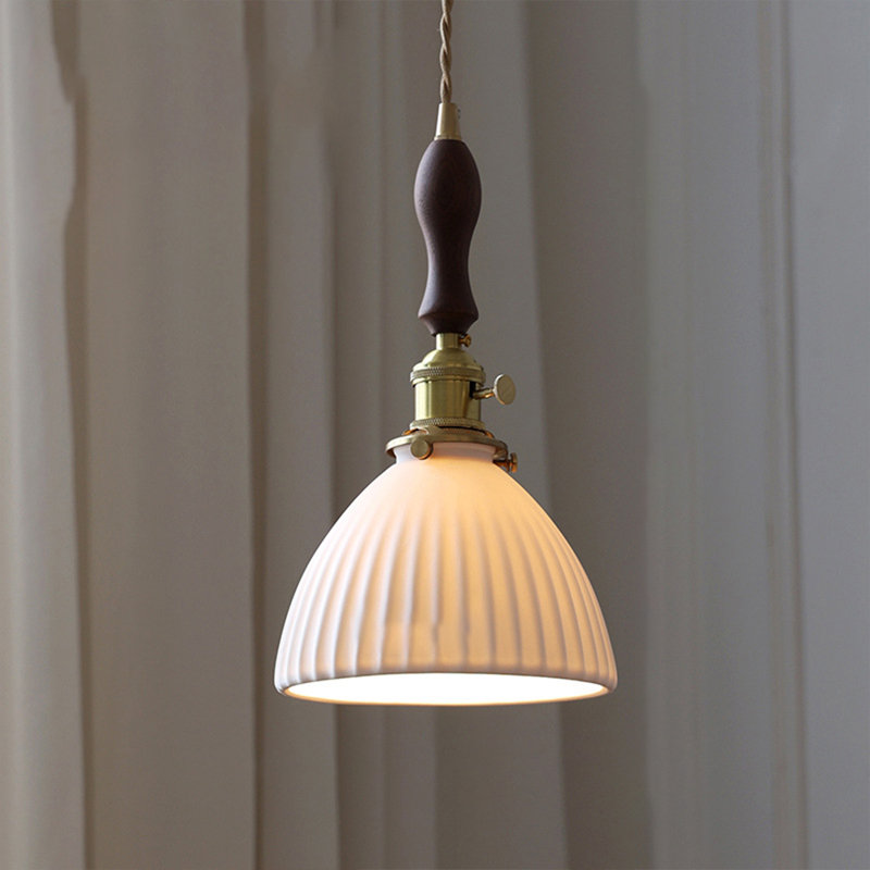 Angello 1 - Light Ceramic Pendant Light with Rubber-wood Deco