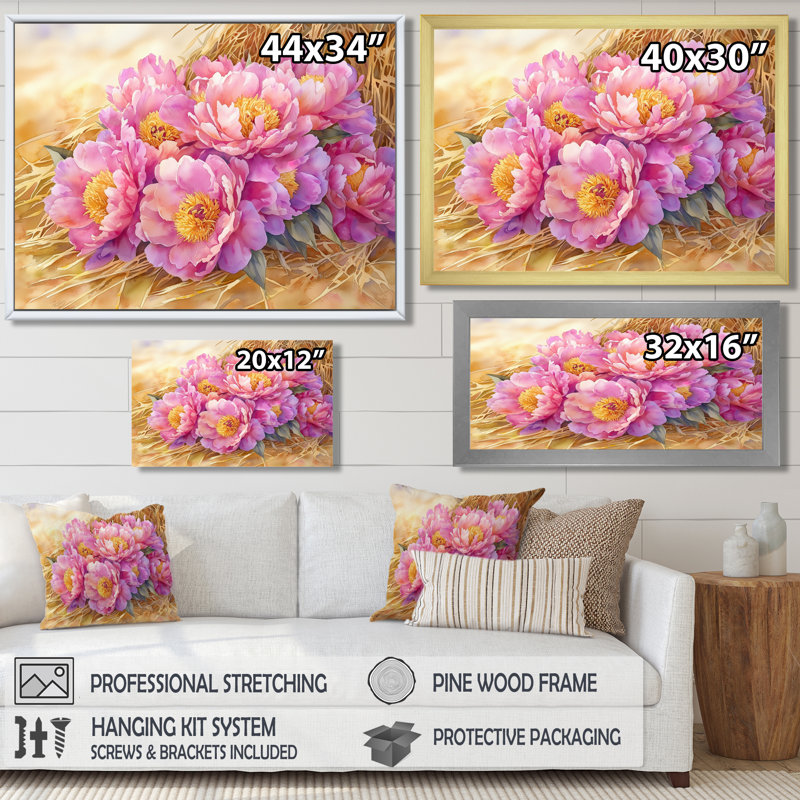 Olszewski ferme pivoines le long de la meule de foin III - pivoines, art mural, H 12 po x l 20 po, Crème, crème